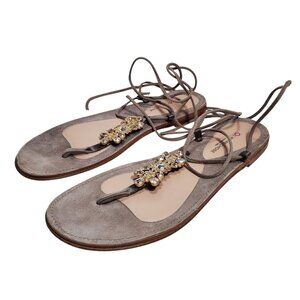 L'Autre Chose Taupe Suede All Leather Gemstone Lace Up Sandals Italy Made‎ EU 37